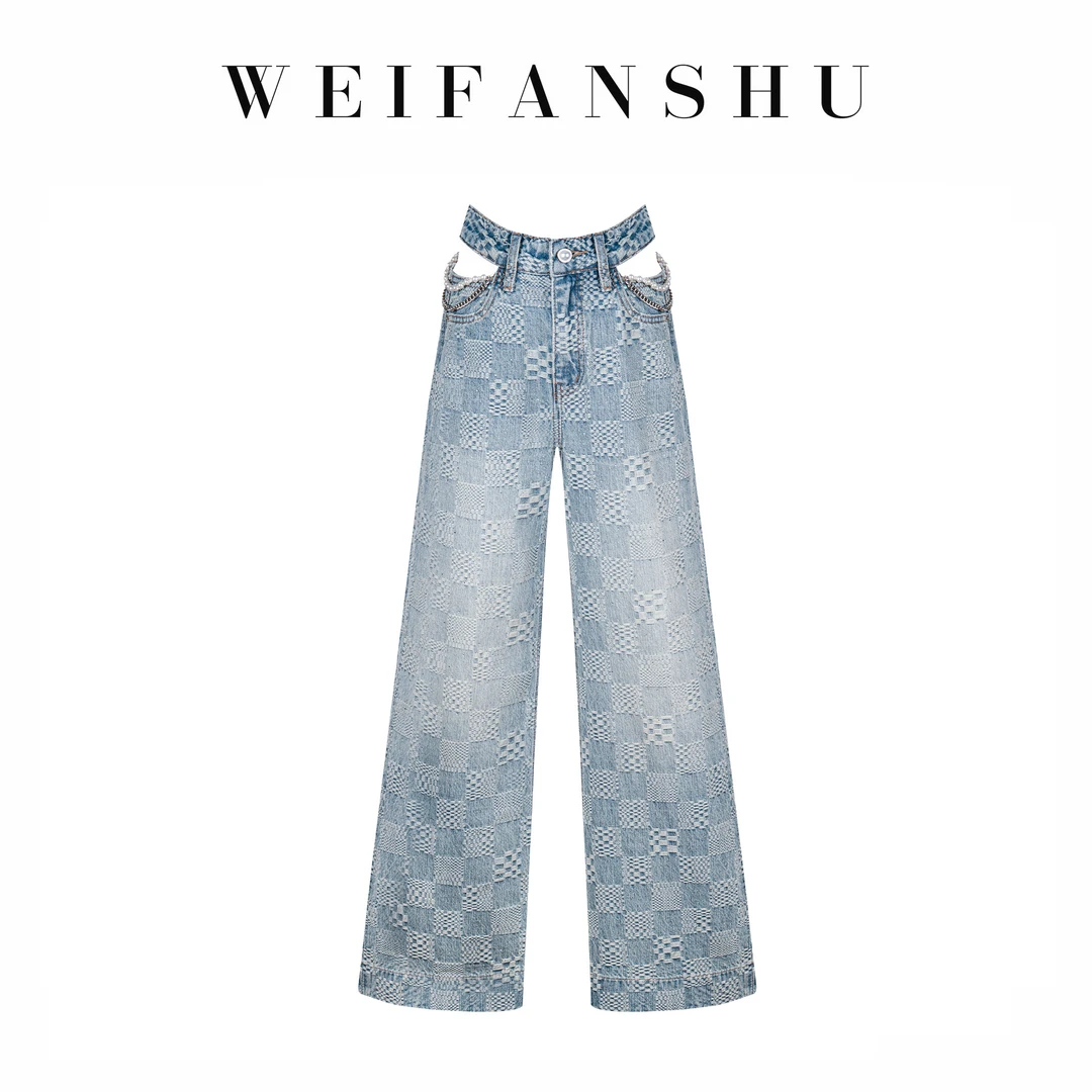 WEIFANSHU/魏凡舒【棋盘格纹】春夏新时尚格纹阔腿百搭显瘦牛仔裤