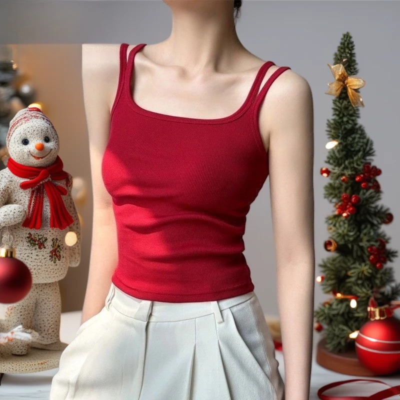 红色高级感双肩带小吊带胸垫上衣女夏季打底短款美背背心内搭外穿