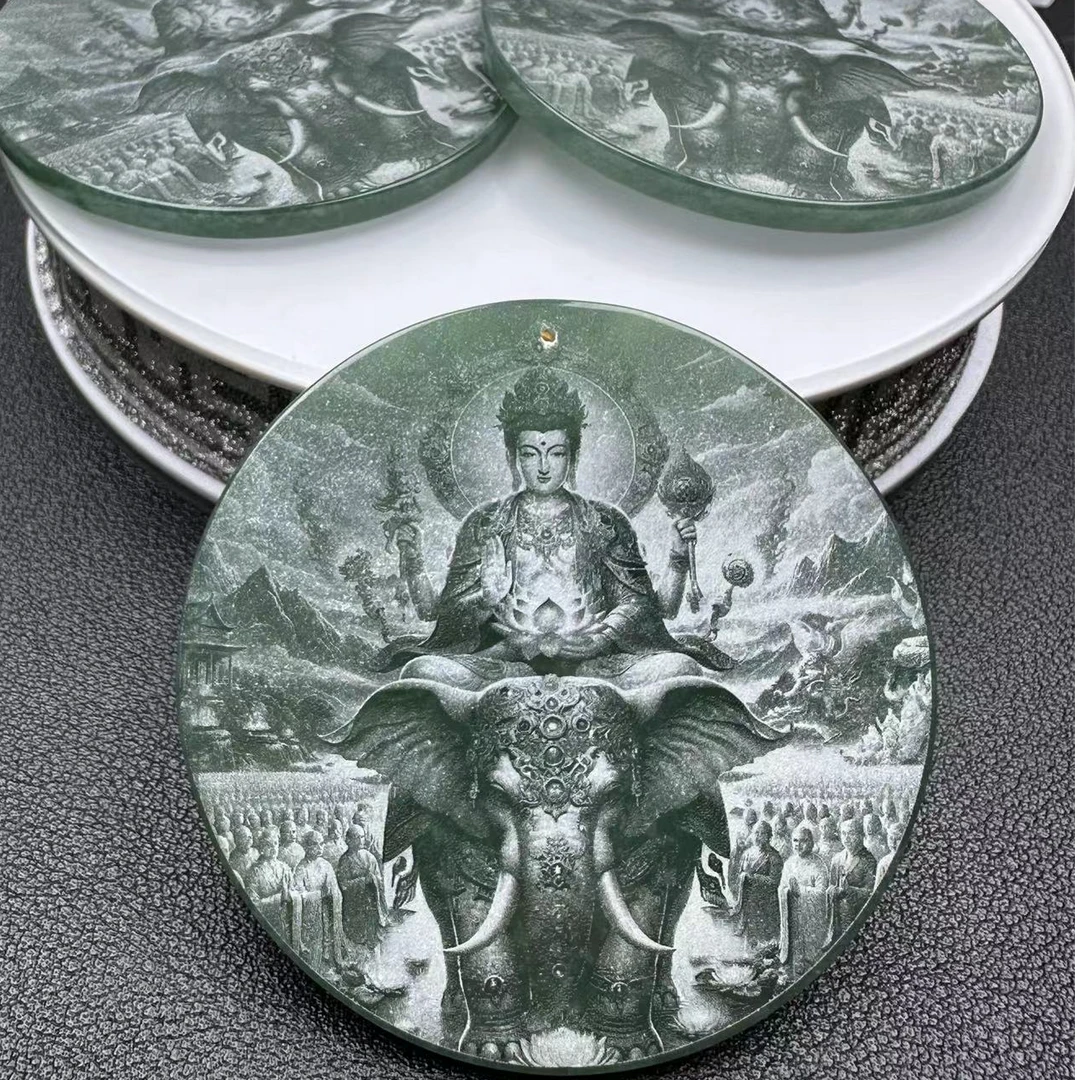 天然翡 翠A货冰种影雕双面雕刻普贤观音守护神吊坠(多样性发其一)