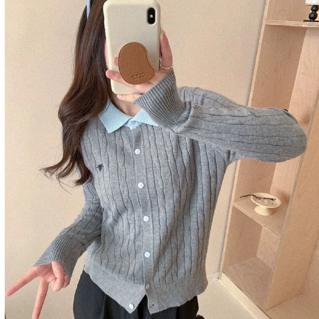 【例畔精选】2025春秋季撞色翻领麻花刺绣针织开衫S753#