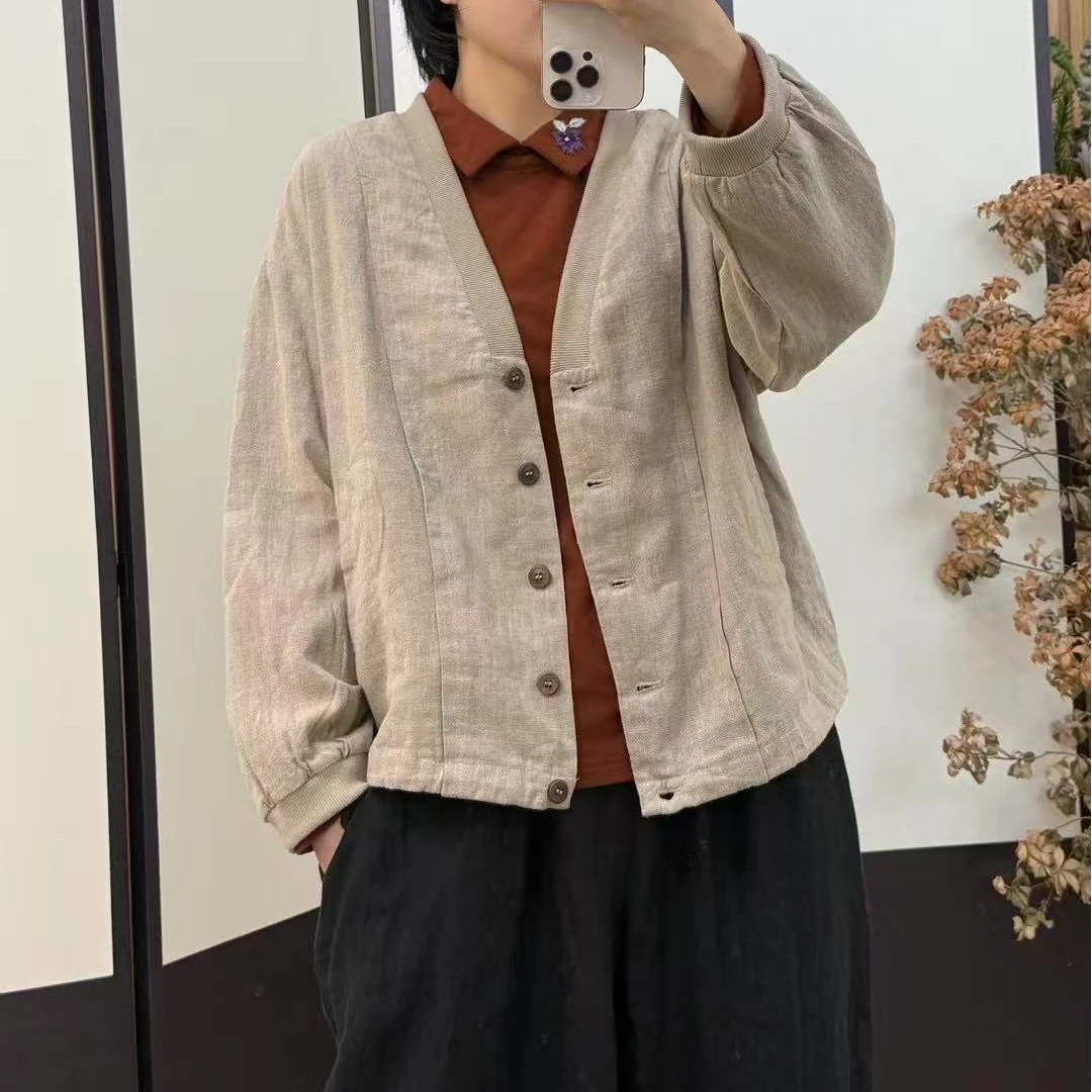 素陌  原创设计复古做旧亚麻双层开衫外套宽松休闲时尚百搭新上衣