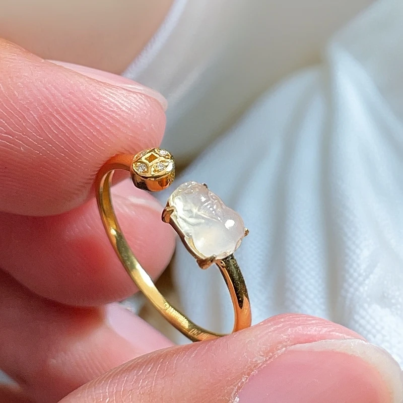 18K金天然翡翠A货-冰貔貅开口戒指镶嵌钻石K黄1380珠宝玉石