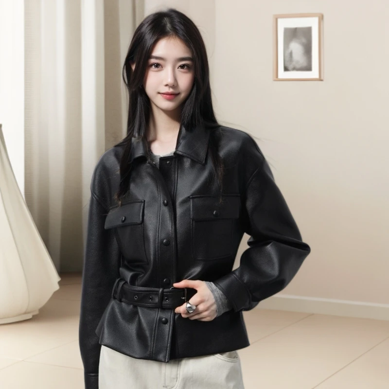 奢美/2025秋冬新款女士短款收腰真皮皮衣翻领夹克显瘦经典洋气