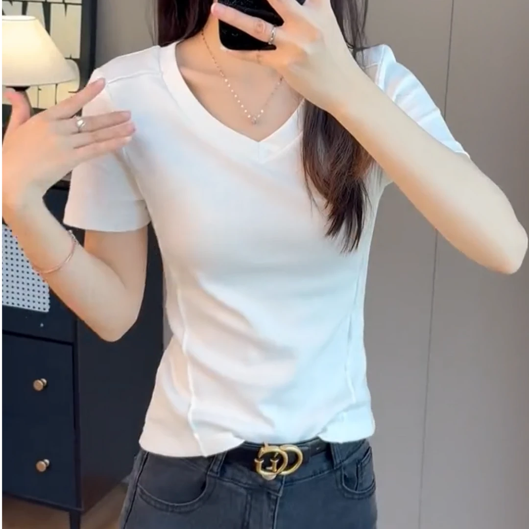 【正品】白色V领正肩短袖t恤女春夏修身设计感打底衫内搭显瘦上衣