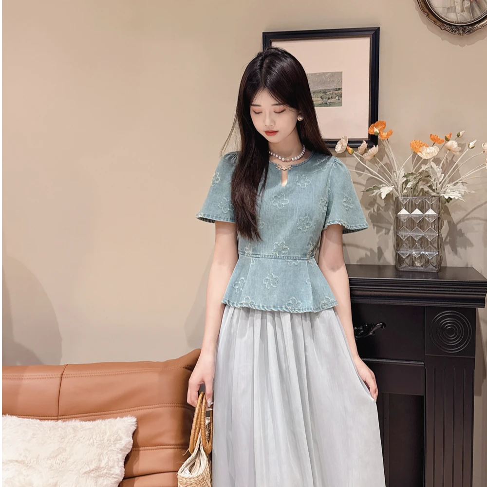 法式温柔牛仔小衫a字裙套装洋气仙气两件套裙子牛仔套装SZ1900618