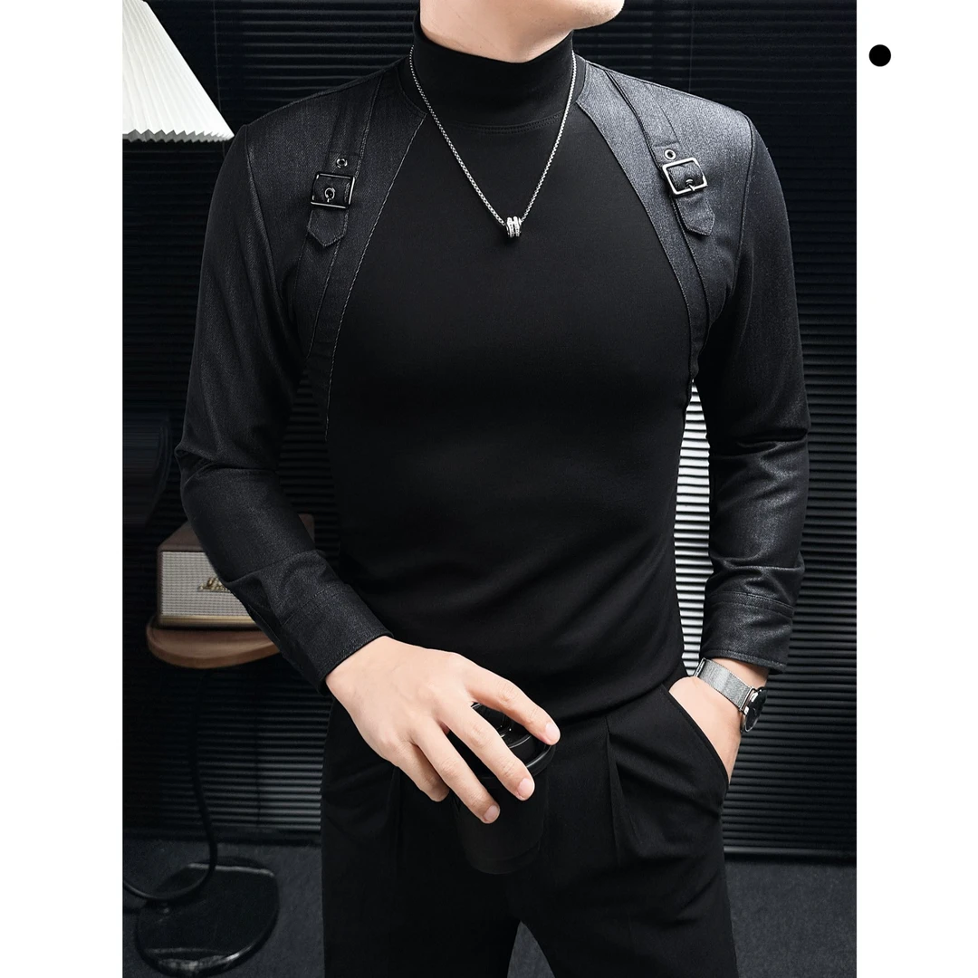拼接背带男士打底衫新款成熟痞帅男装保暖抗寒半高领长袖t恤男款