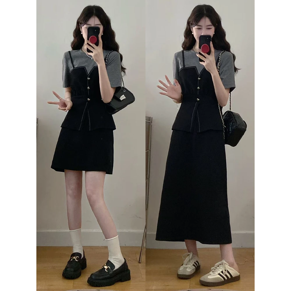 百搭时尚韩版大码女装胖mm新款假两件拼色收腰上衣+半身裙两件套