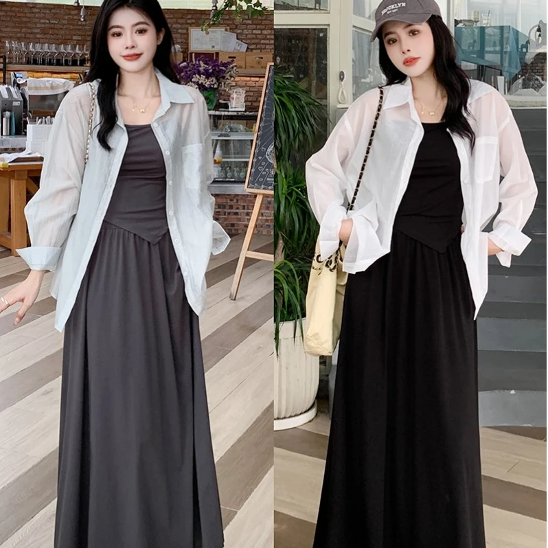 2025夏装新款胖mm大码女时尚防晒衬衣吊带上衣半身裙三件套20042