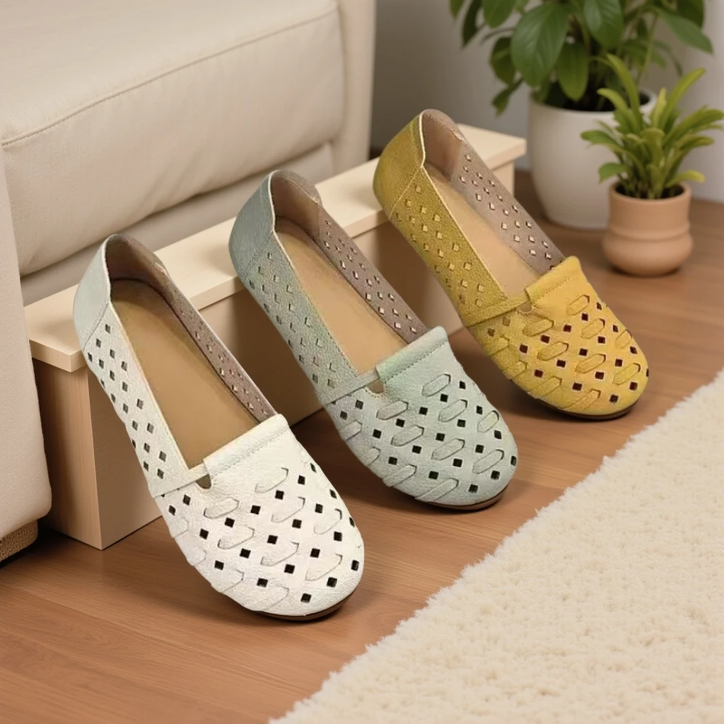 2025夏季新款镂空洞洞鞋牛筋软底一脚蹬休闲透气妈妈鞋平底单鞋女