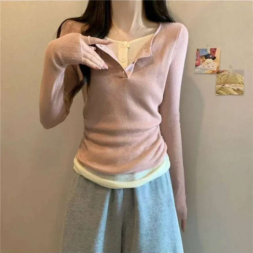 A020新款时尚大码女装秋季显瘦假两件长袖T恤上衣洋气短款百搭v领