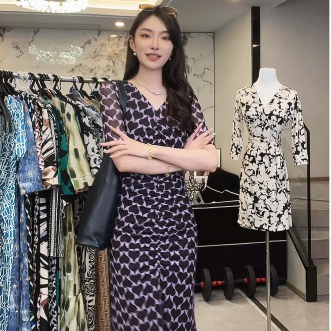 【金喜】夏季弹力爱心印花裹身裙显瘦一片式度假连衣裙