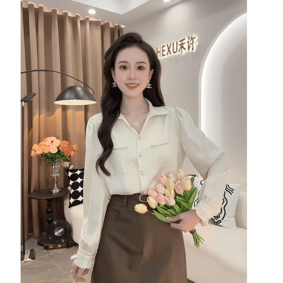 法式气质v领长袖衬衫女2024秋季新款设计感小众别致宽松上衣