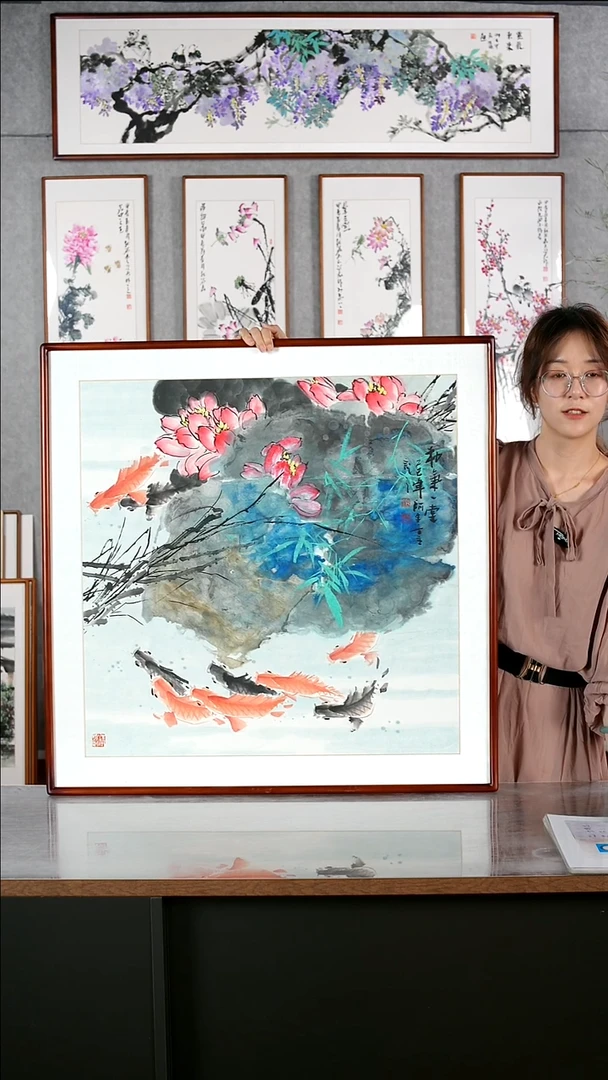 国画阿里丁《和气一堂》手绘带框82*82