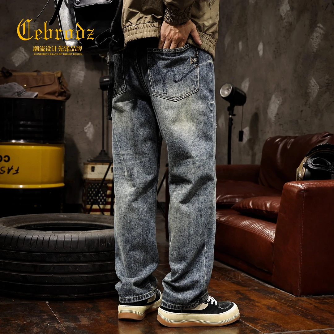 法国Cebrodz美式复古秋牛仔裤新款宽松直筒潮牌裤水洗耐磨休闲裤