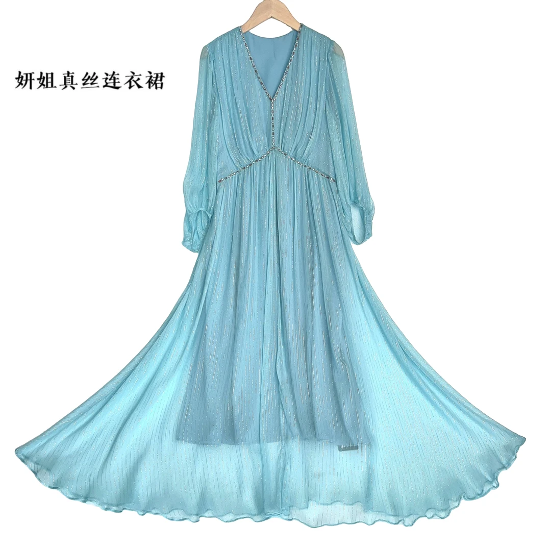 2025妍姐仙气新款时尚高端气质轻奢优雅仙气女装连衣裙蓝色 23209