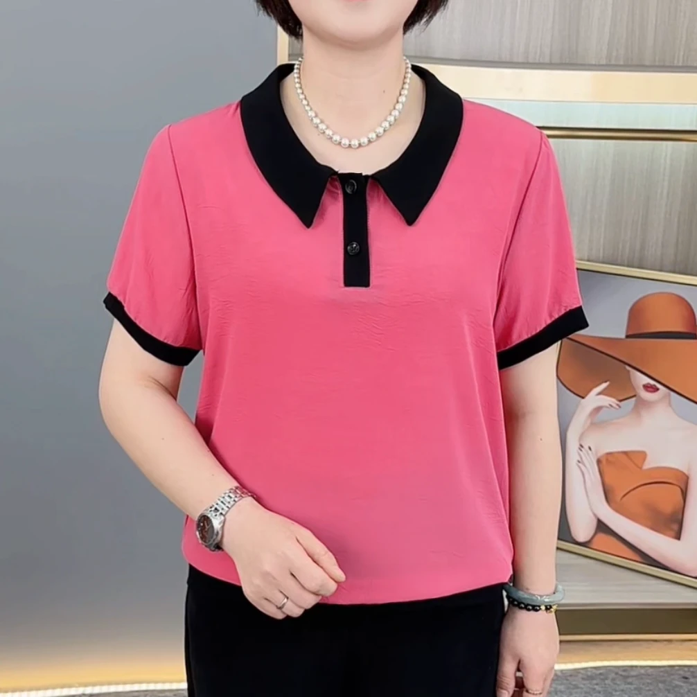 夏季新款翻领纯色时尚气质妈妈装宽松显瘦休闲百搭短袖上衣H7758