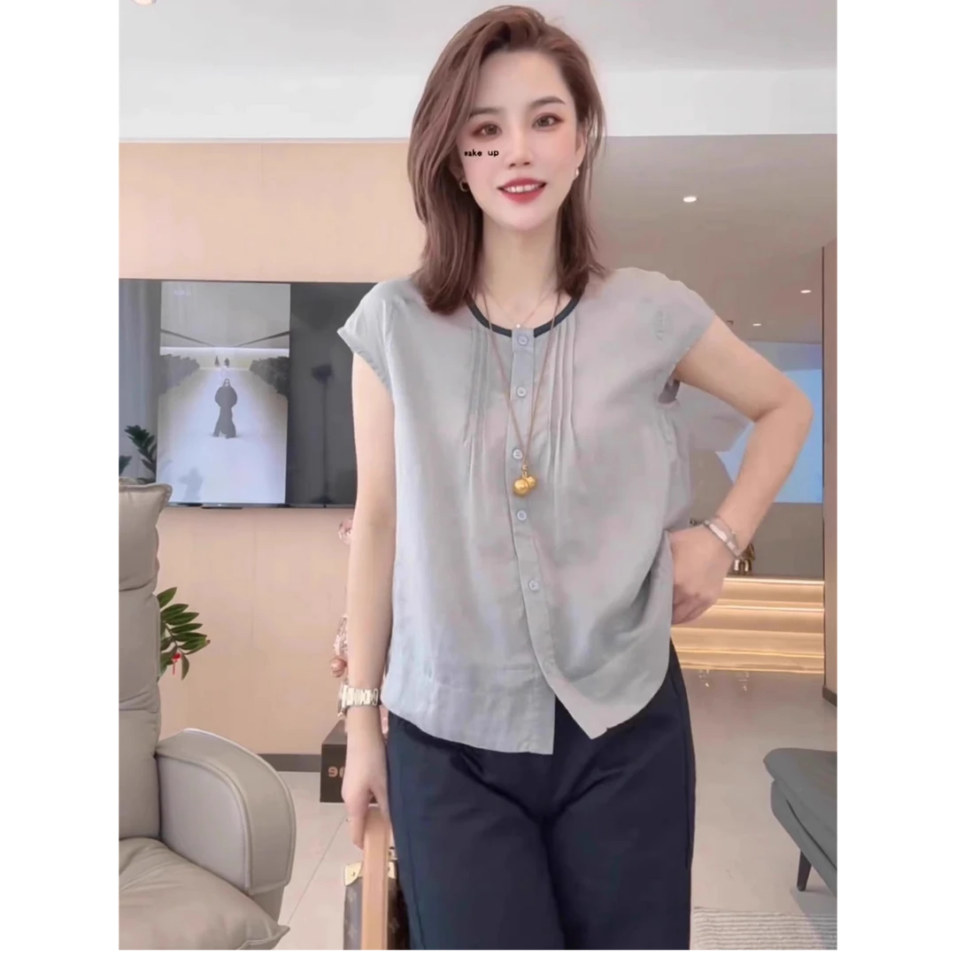 芯娇晴灰色薄款短袖衬衫女夏季2025新款韩版宽松高级感小个子上衣