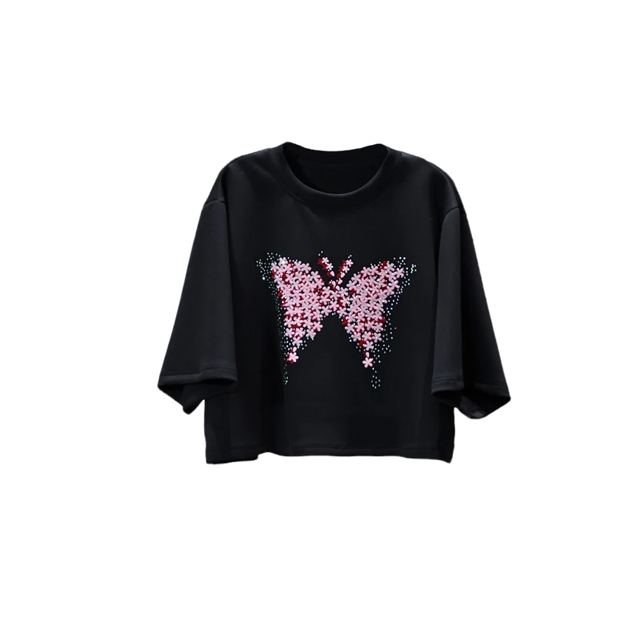 【韩哥女装】定制设计师新品午夜黑蝴蝶钉钻圆领休闲T恤6527-C3