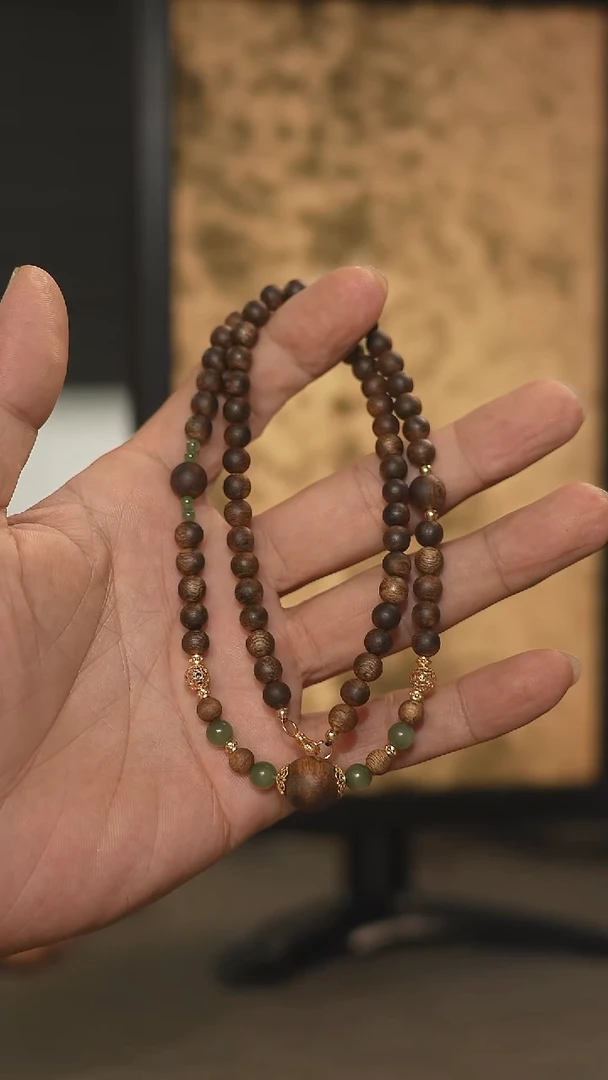 银S925镀金镶嵌沉香手串海南绿奇楠6mm项链长串+和田玉款