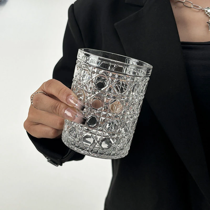六只200ml钻石浮雕玻璃杯家用复古高颜值大容量洋酒杯果汁杯水杯