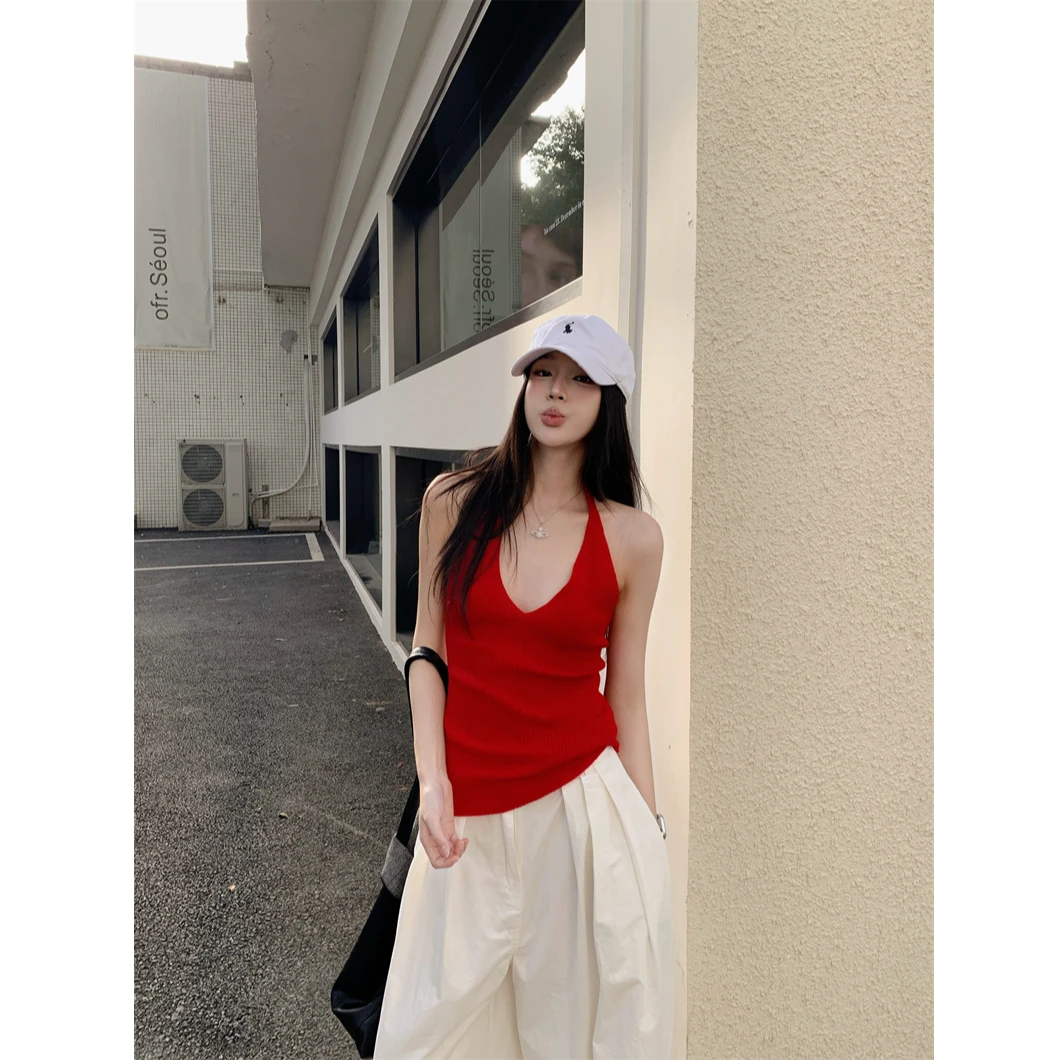 纯欲挂脖露背针织小背心女夏季辣妹修身内搭短款外穿打底套头上衣