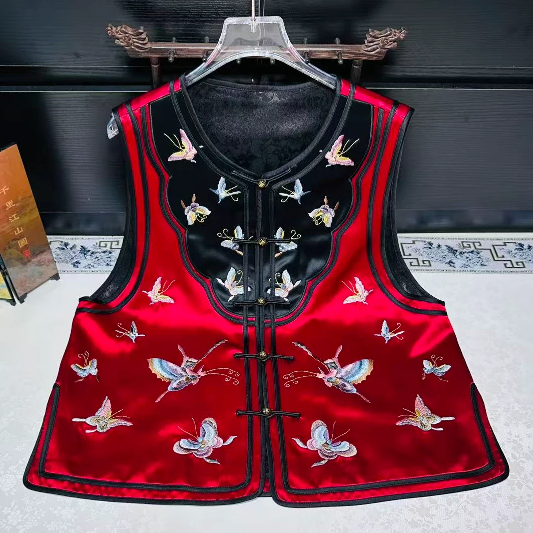 原创秋冬新款重工刺绣醋酸马夹新中式国风格格风手工盘扣铜扣马甲