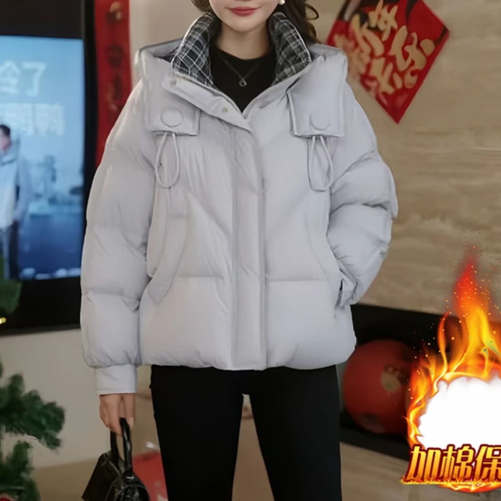 【卡蔻】817格子常规款厚款连帽拼接保暖棉服（衣长61左右）