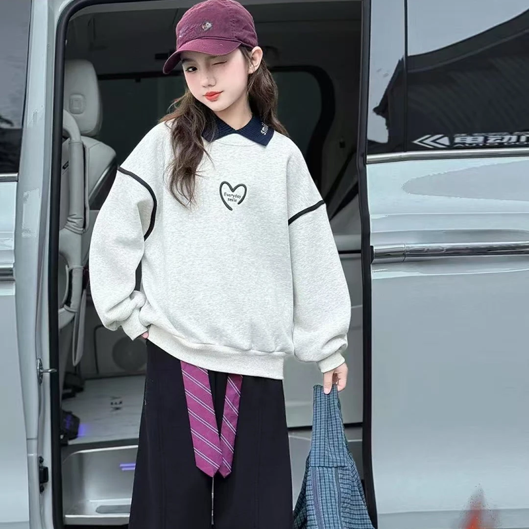 D207女童加绒学院风卫衣2025冬季新款时髦中大童宽松休闲加厚上衣