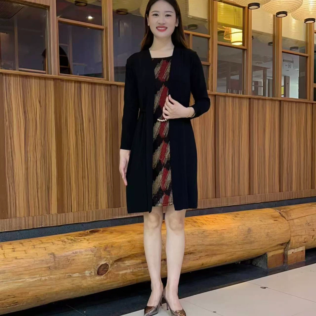 高档春秋新款时尚洋气百搭修身圆领遮肚显瘦气质假两件连衣裙