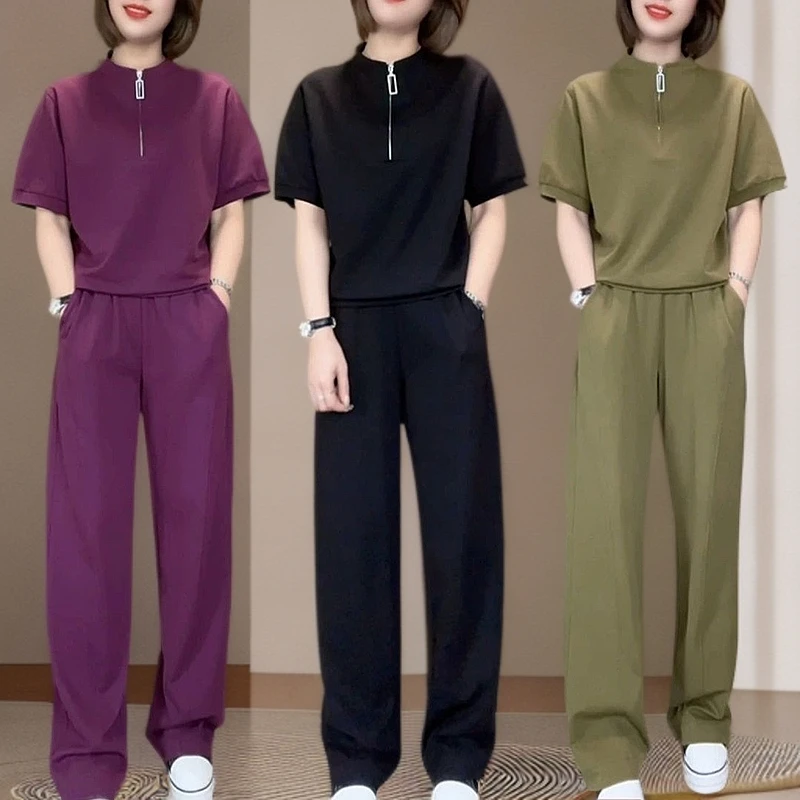 立领休闲运动套装女2025夏季气质显瘦休闲运动短袖韩版时尚直筒裤