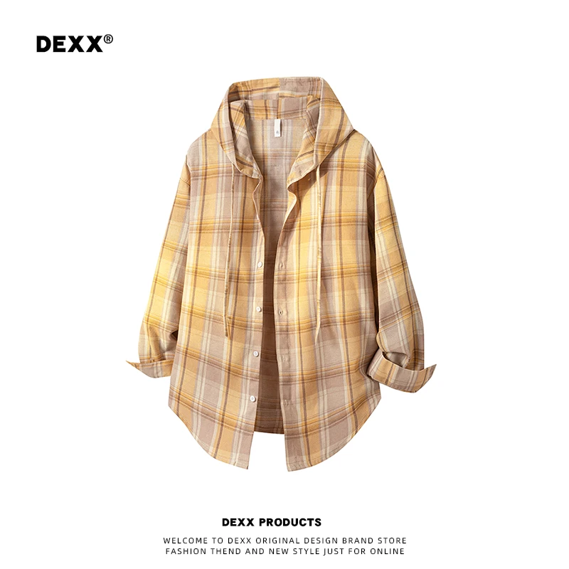 DEXX新款格纹连帽衬衫男女秋季潮流百搭宽松长袖衬衣外套