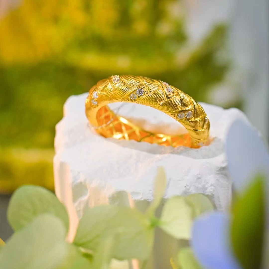 【嘉奈】足金999黄金拉丝麦穗古法点钻穗穗平安黄金戒指D
