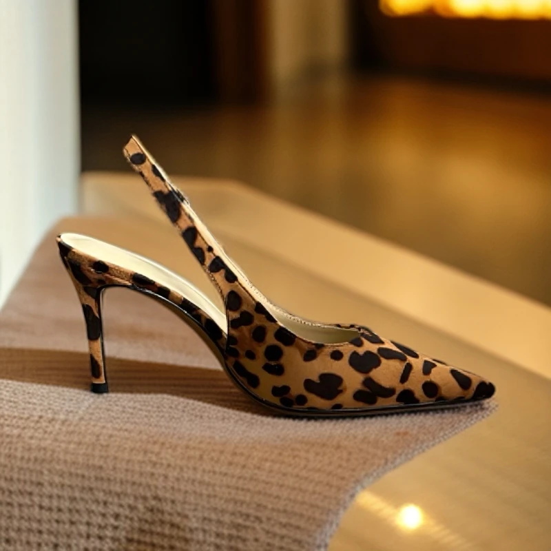 时尚百搭后空女鞋尖头细跟高跟鞋鞋子豹纹性感千金风