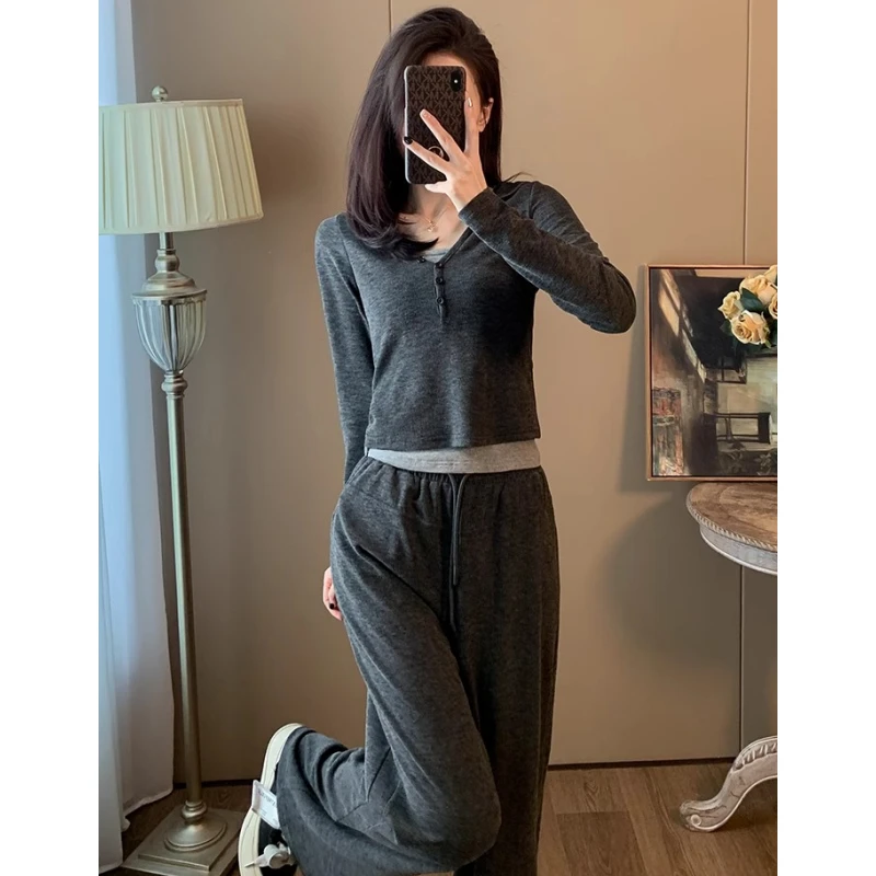 高级感时尚休闲运动套装女春秋季新款假两件卫衣慵懒阔腿裤两件套