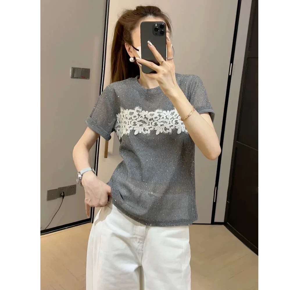 欧货时髦洋气灰色圆领蕾丝拼接烫钻设计感别致短袖T恤女夏季新款