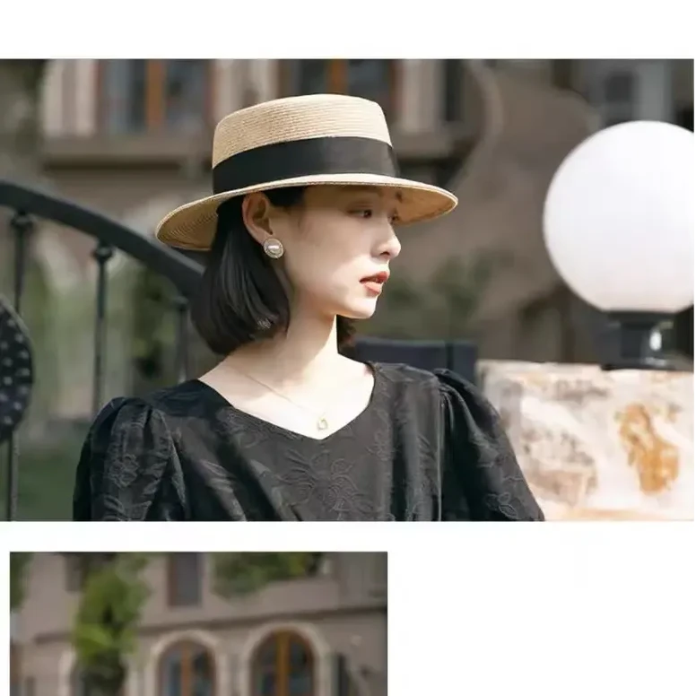 编织女草帽盆帽大檐渔夫帽帽子百搭轻奢风格时尚防晒帽平顶夏季
