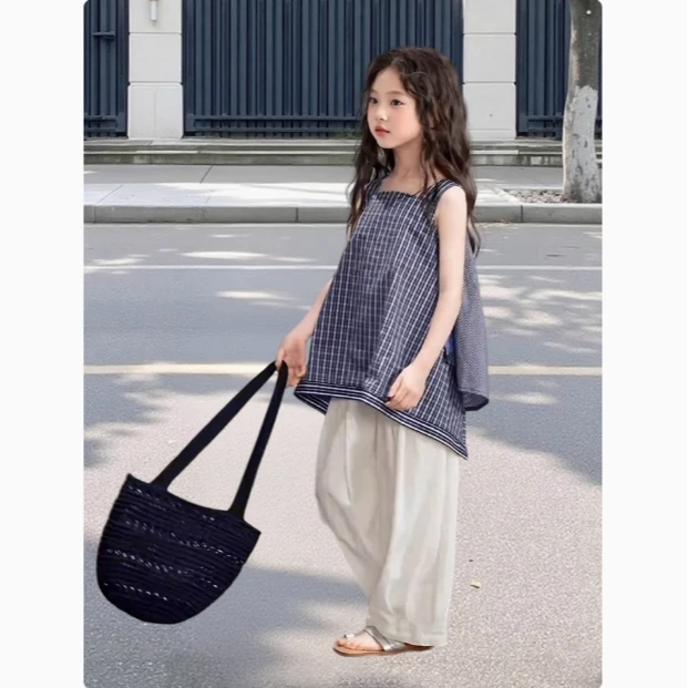 女童套装夏季2025新款洋气儿童格子吊带阔腿裤女孩轻薄韩系两件套
