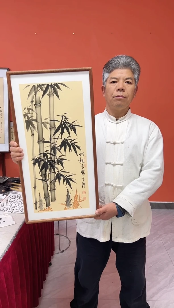 书法张富民手绘作品/竹报平安//古宣（乌檀木外框）35*70cm左右