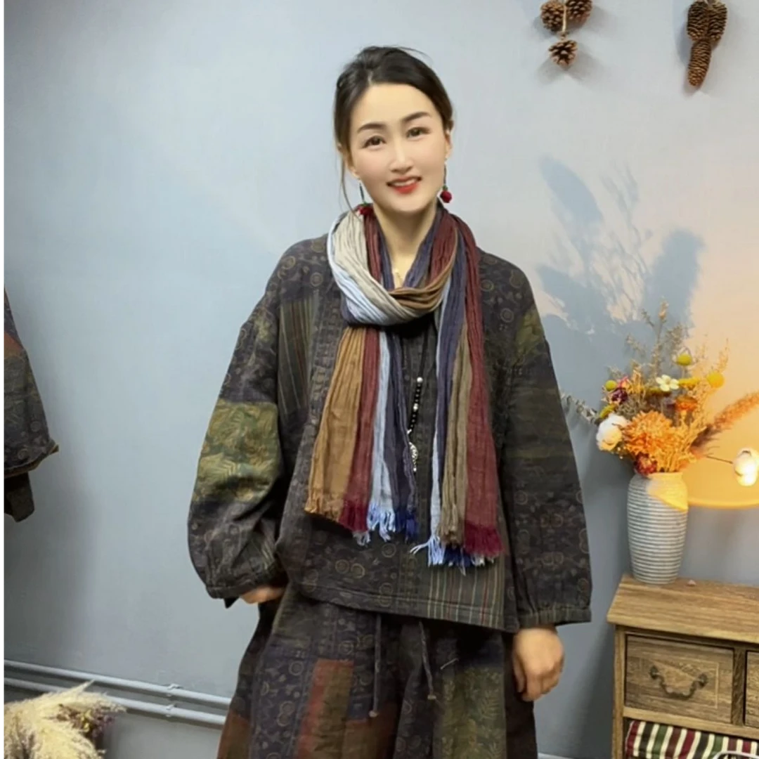 春季新款休闲复古V领印花拼色拼接百搭套头宽松外套女衬衣