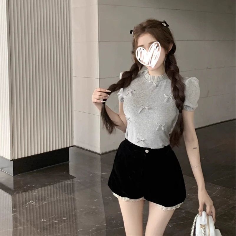 【东区千金】时尚花边领洋气短袖上衣修身显瘦小个子甜美泡泡袖上衣