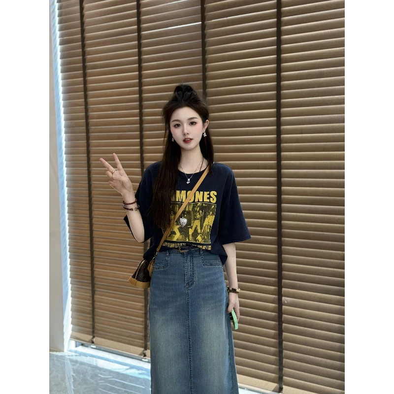 宿慕SUMU夏季字母印花短袖T恤2025新款6-4百搭圆领宽松上衣B19094