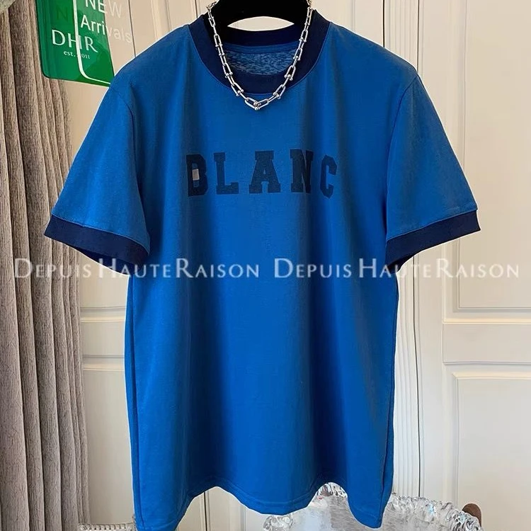 蓝色纯棉宽松短袖上衣女潮休闲百搭印花圆领特大码T恤青春设计感