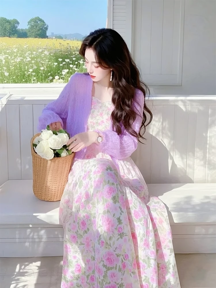 超甜好看粉色碎花吊带连衣裙女2025春新款约会超仙女收腰长裙套装