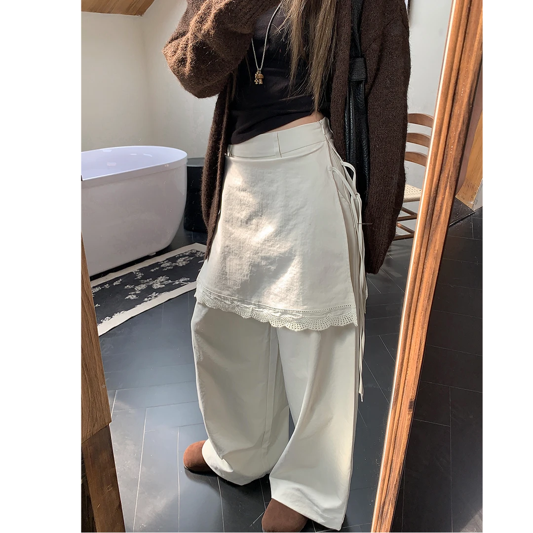 2025春款设计感小众白色绑带假两件蕾丝拼接休闲裤直筒阔腿裤