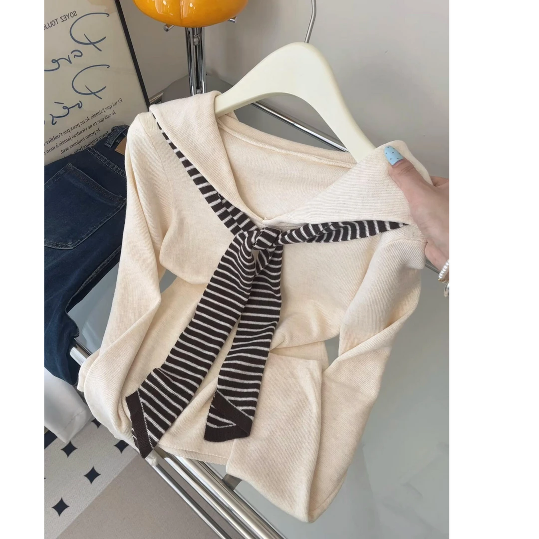 海军领条纹披肩针织衫长袖T恤女2025秋季新款学院风百搭减龄上衣