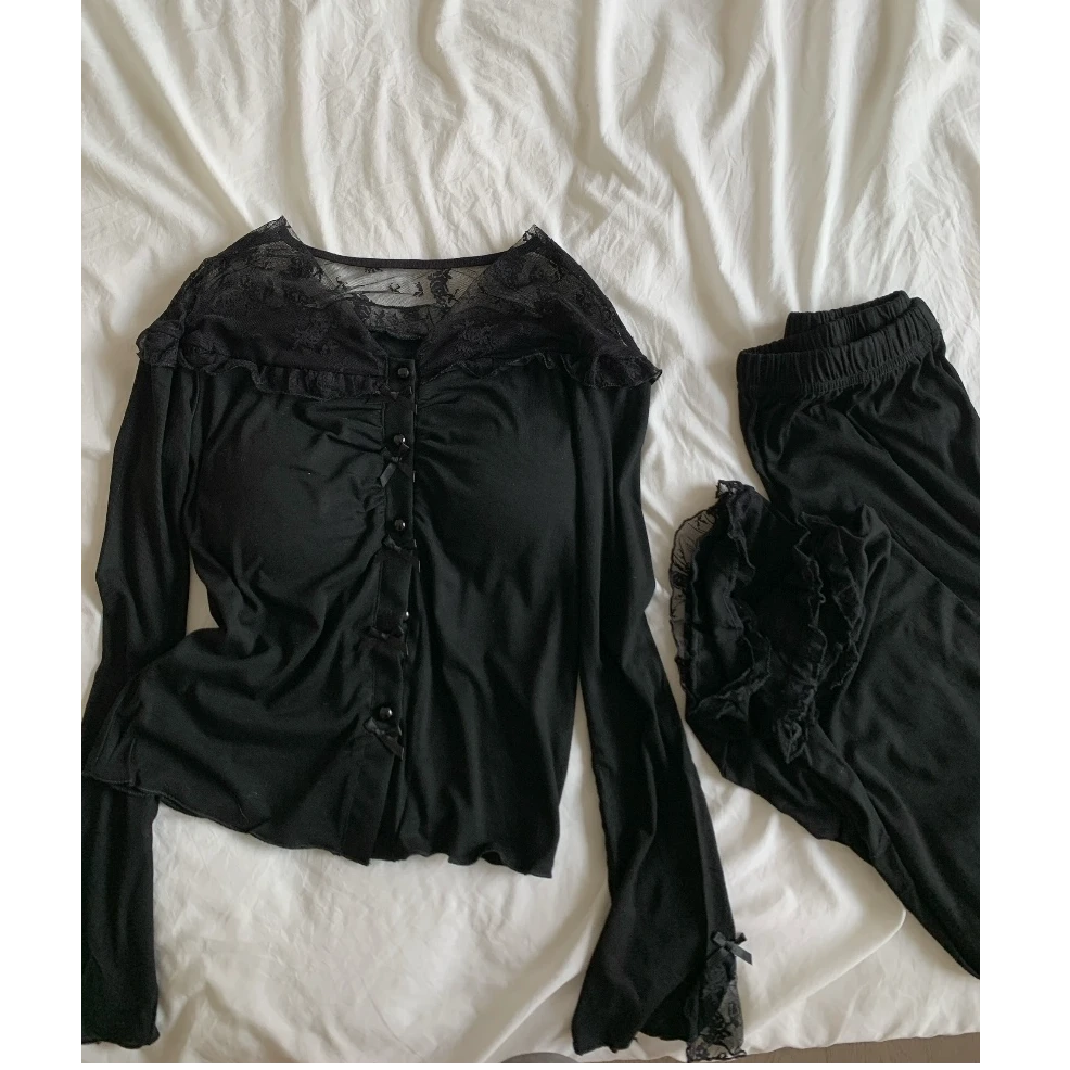 【松弛欧尼】法式性感蕾丝镂空睡衣长裤莫代尔两件套纯欲显瘦家居服