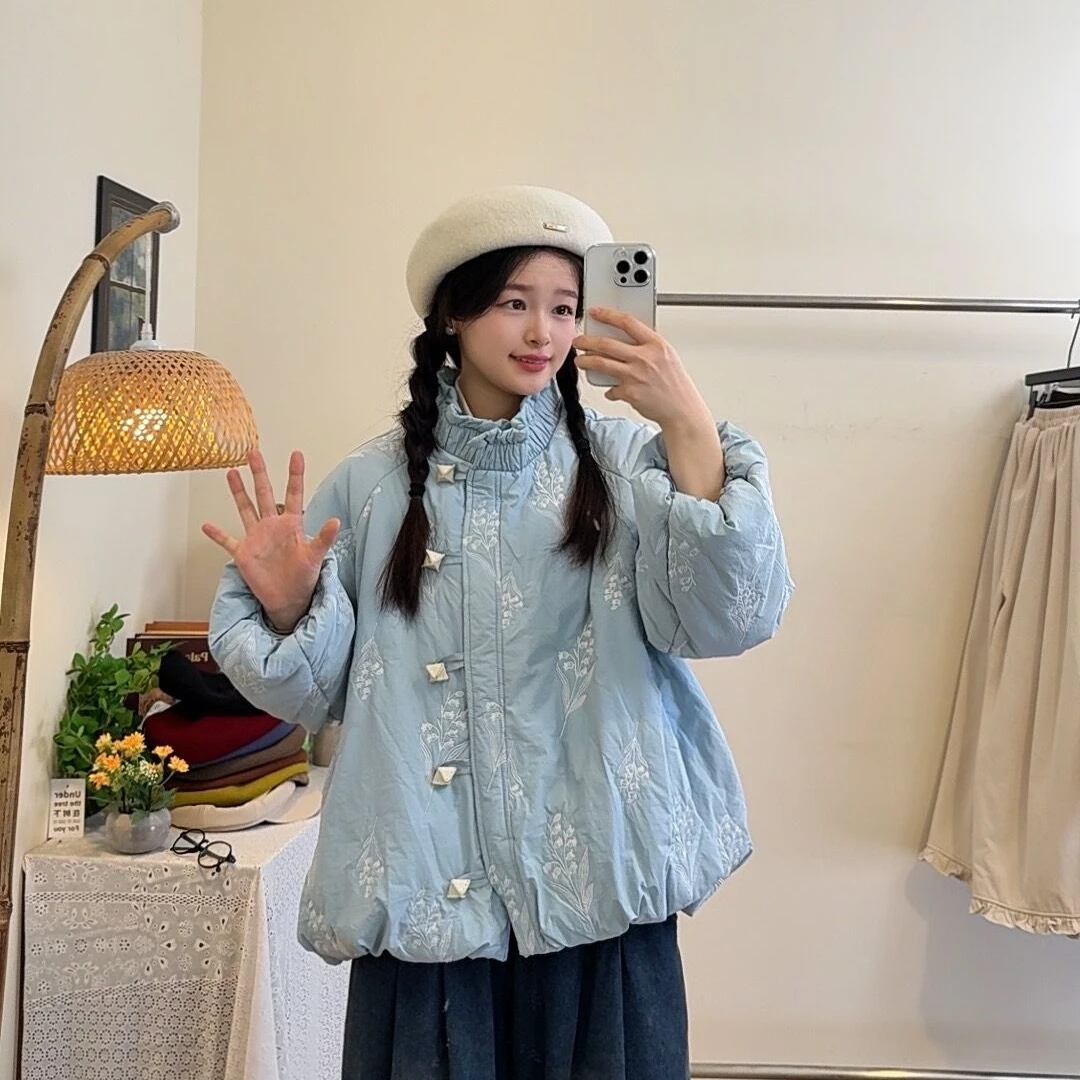 刺绣花苞棉服复古国风短款棉衣盘扣中高领显气质上衣