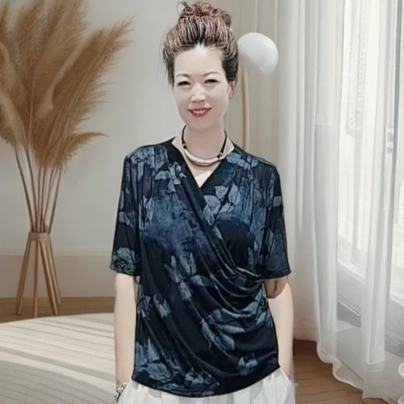 夏季时尚休闲宽松V领醋酸女士短袖T恤