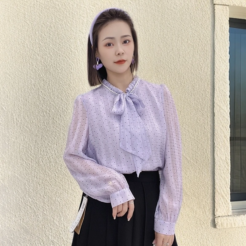 长袖波点法式设计感珍珠女士衬衫减龄小众小衫
