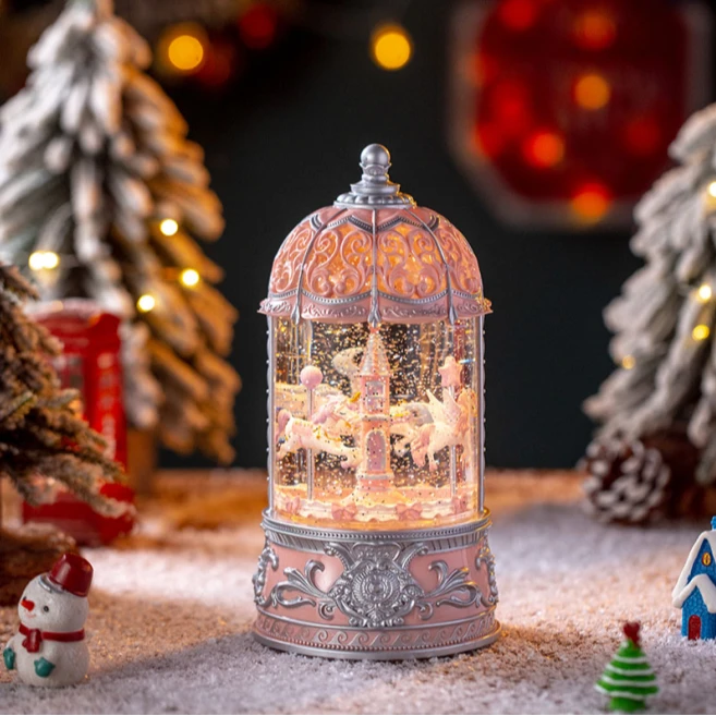 浪漫飘雪旋转城堡木马音乐盒水晶球八音盒生日礼物女生发光小夜灯